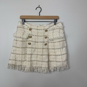 Ramy Brook Karey Fringe Tweed Mini Skirt Gold Cream 12